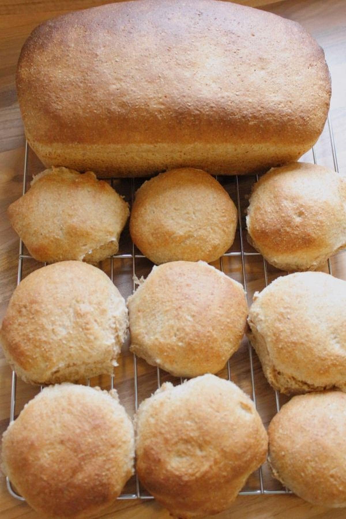 Birds eye view of 9 wholemeal rolls and a loaf of wholemeal bread on a baking rack.