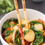 Chorizo scallop and kale stir fry is a really easy quick healthy meal for two. The chorizo releases its delicious flavours in this stir fry giving a lovely smokey flavour throughout!