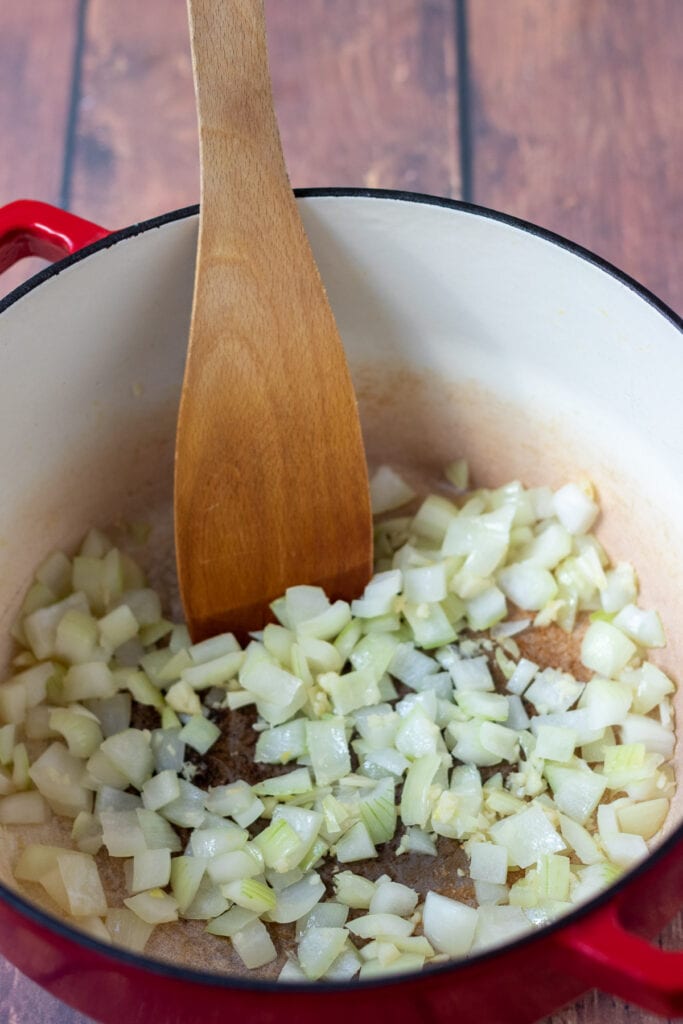 Onion and garlic sautéd in casserole pot.