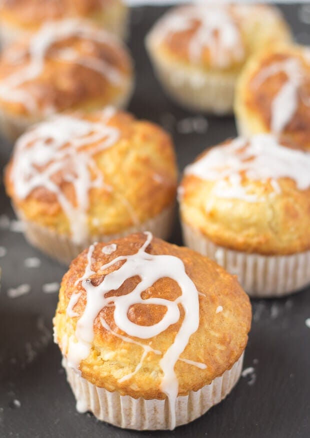 These skinny coconut and vanilla muffins are made with Greek yogurt and no butter helping to keep the calorie and fat count as low as possible. Delicious and with a moist centre they make for a perfect healthy snack!