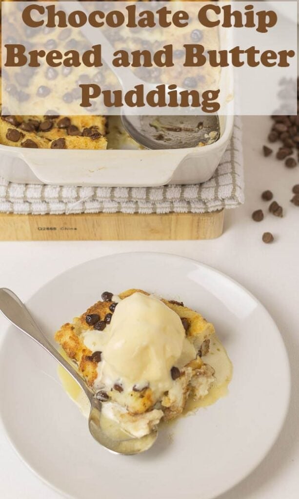 Birds eye view of a slice of chocolate chip and vanilla bread and butter pudding witha ice cream melting on top. The serving dish at the top.
