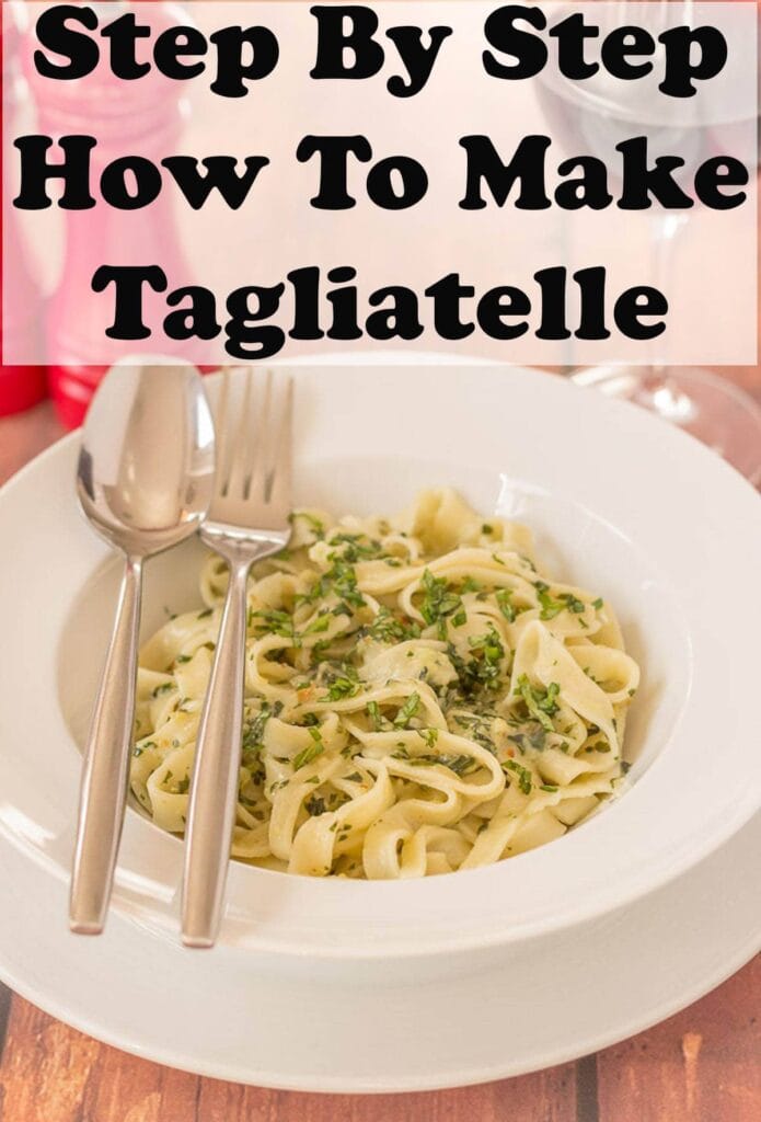 A bowl of home made tagliatelle. Pin title text overlay at top.