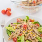 This tuna pasta and sweetcorn salad makes for a perfect quick healthy meal. Made with a low calorie dressing and packed with delicious fresh salad ingredients its also great as a packed lunch option too.