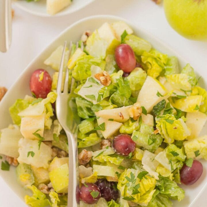 Birds eye view of a plate of waldorf salad.
