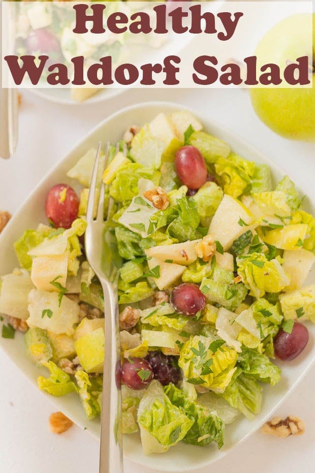 Birds eye view of a plate of healthy waldorf salad with a fork in it.