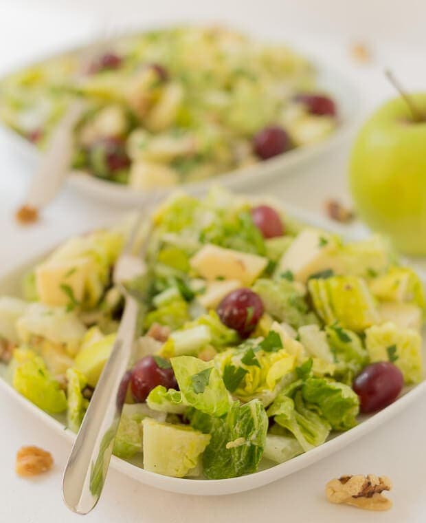 Two plates of Waldorf Salad one in front of the other with forks.