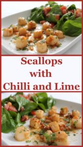 This scallops with chilli and lime recipe is quite simply one delicious and quick dish that can be put together and on the table in literally 20 minutes! Little fuss is involved to serve this with a recommended, complimentary equally quick spinach and toasted pine nut salad. Simplicity and delicious healthy ingredients at their best.