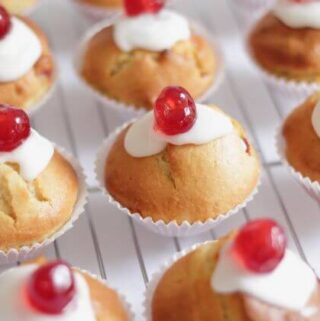 These cherry bakewell muffins are simply fabulous! With a light fluffy texture, a delicious icing topping and a sweet cherry to top, they're my take on the classic bakewell tart. If you love those, try these, plus they won’t affect your waistline as much being only 200 calories each!