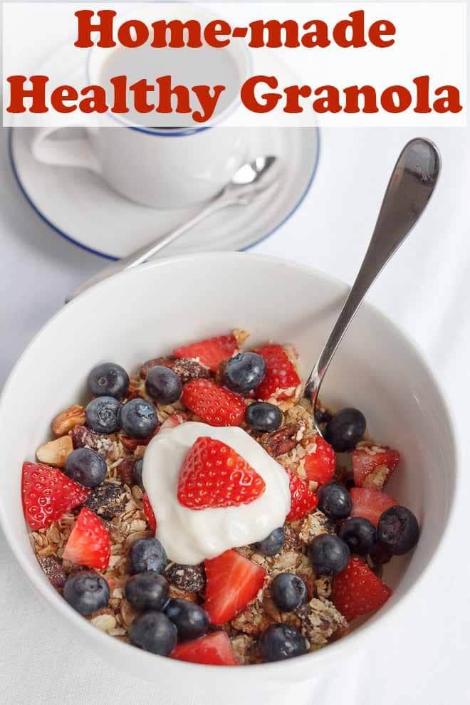 This healthy home-made granola is so easy to make and is only 222 calories per 50g portion making 8 portions. It's delicious to have with skimmed milk or no fat Greek yogurt, especially when topped strawberries or blueberries! #neilshealthymeals #recipe #granola #homemade