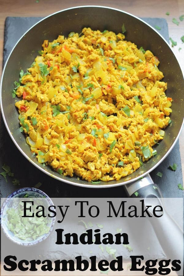 Birds eye view of a delicious pan of cooked and ready to serve Indian Scrambled Eggs. Known in India as Akoori or Anda Bhurji.