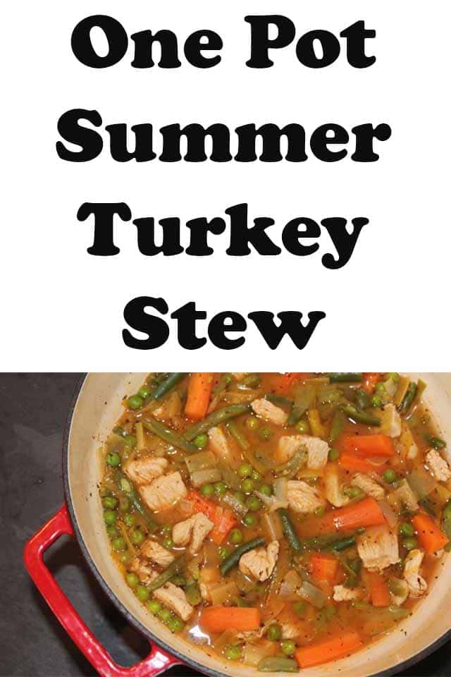 Birds eye view of one pot summer turkey stew in a casserole pot ready to serve. Pin title text overlay at top.