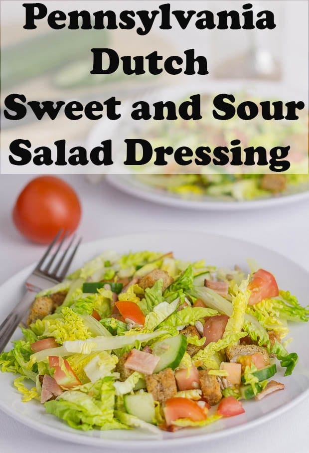 Two plates of turkey bacon salads with Pennsylvania Dutch Sweet and Sour Salad Dressing poured over. Pin title text overlay at top.