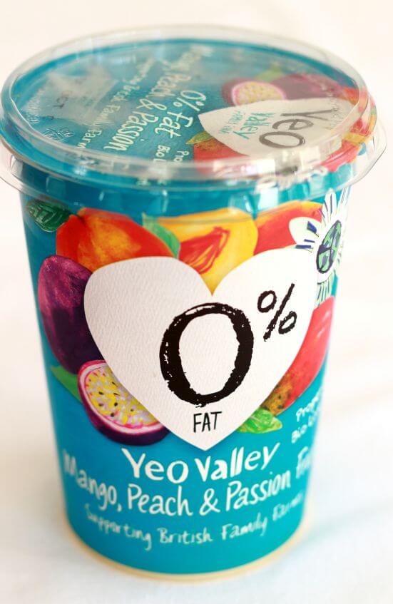 A 250ml tub of Yeo Valley mango, peach and passion fruit yogurt.