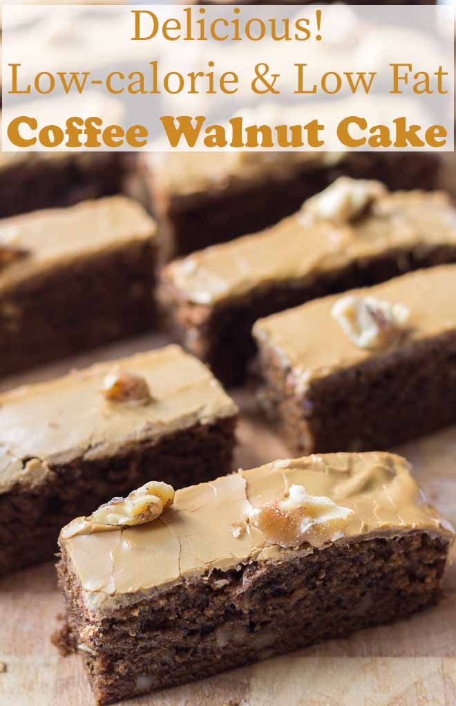 Slices of coffee walnut cake on a wooden slicing board.