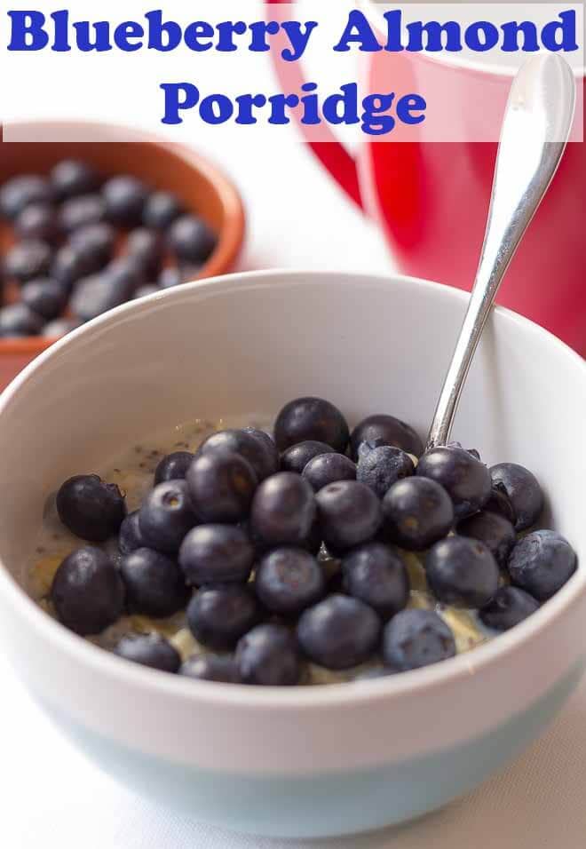 Porridge with blueberries and almonds is a really easy tasty breakfast made from traditional porridge oats. 5 minutes to make, 5 minutes to cook. It's a healthy perfect start to the day. Packed full of fibre and energy it keeps you fuller for longer too! #neilshealthymeals #recipe #blueberry #almond #porridge