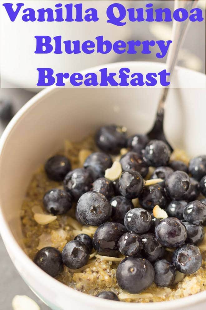 Close up view of a bowl of vanilla quinoa blueberry breakfast.