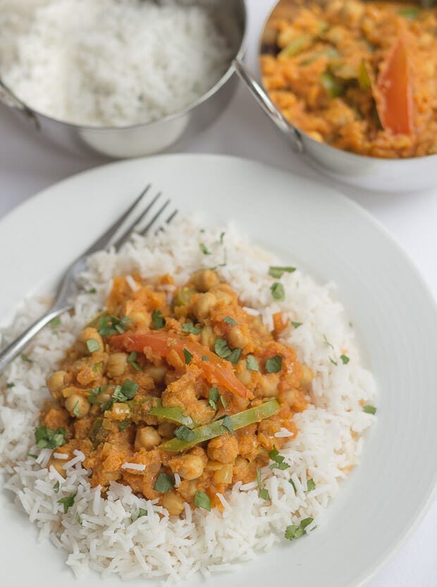 This tasty vegan healthy chickpea curry is low cost, low calorie and extremely filling! One portion alone provides nearly three quarters of your daily recommended dietary fibre recommendation.