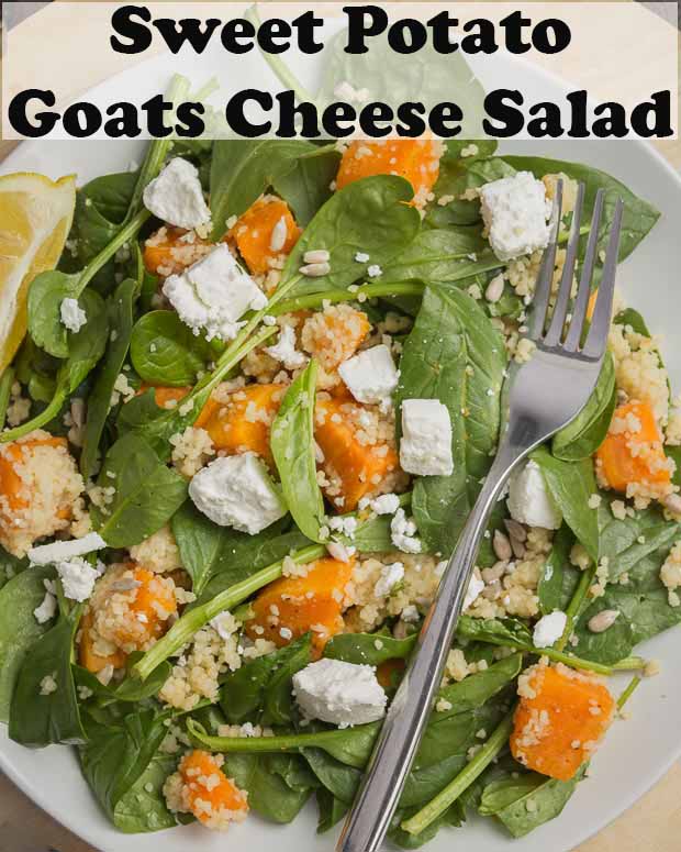 Birds eye view of a plate of sweet potato goats cheese salad. Pin title text overlay at top.