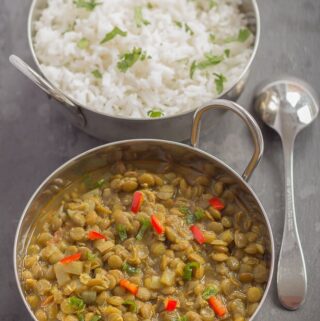 This vegan green lentil dahl is simply delicious, mouth-watering and perfect as a meat free dinner. Filling and with just the right amount of chilli spice, even meat eaters will find this agreeable too!