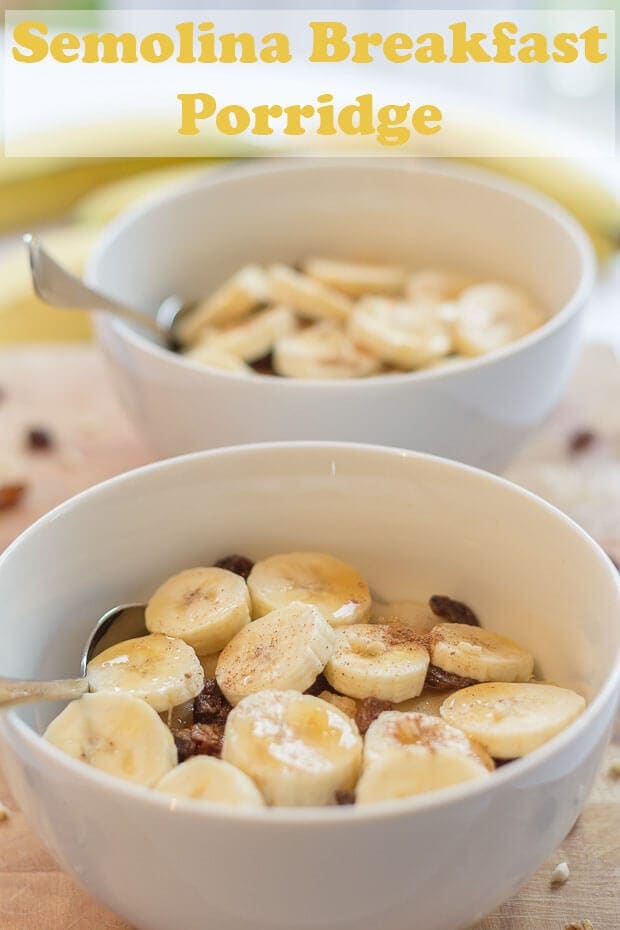 Delicious, sweet and nutritious! Try this semolina breakfast porridge alternative to traditional porridge oats. It's made with sliced banana, sultanas and chopped nuts. Everything you need for a great start to the day. Kids will love this! #neilshealthymeals #recipe #breakfast #healthybreakfast #semolina #semolinabreakfast #semolinaporridge