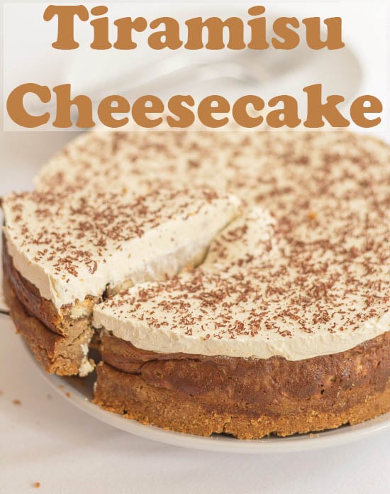 Tiramisu cheesecake with a slice being lifted out of it.