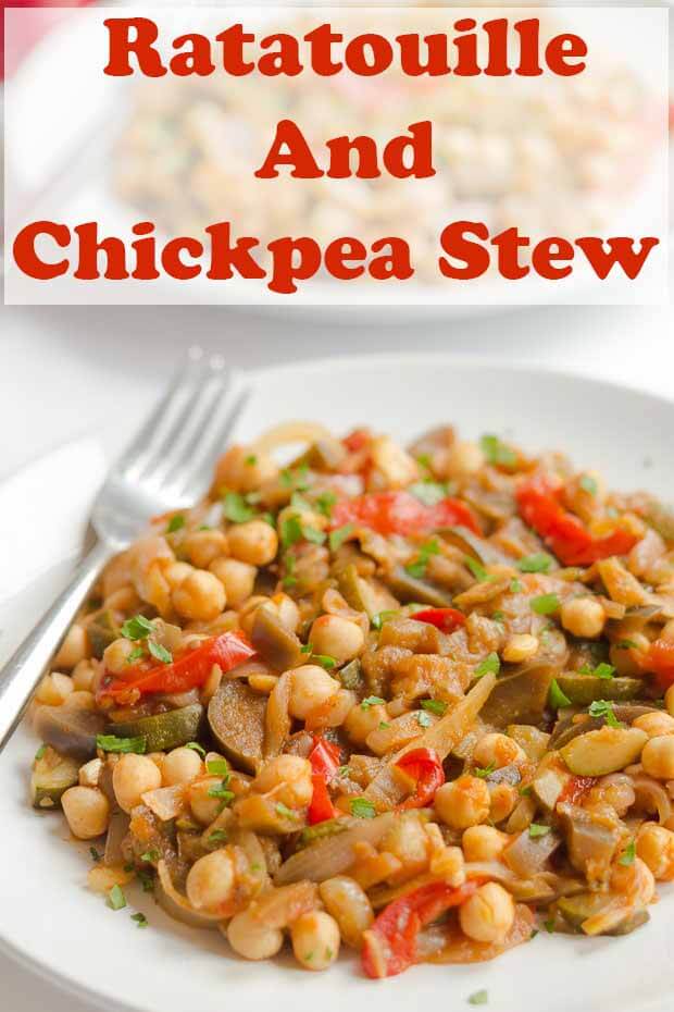 This tasty vegan ratatouille and chickpea stew recipe is a twist on the classic traditional French Provencal stewed vegetable dish, ratatouille. Add some protein packed chickpeas, lemon juice and a lightly sautéed onion and you end up with this delicious easy family meal. #neilshealthymeals #recipe #ratatouille #chickpeas