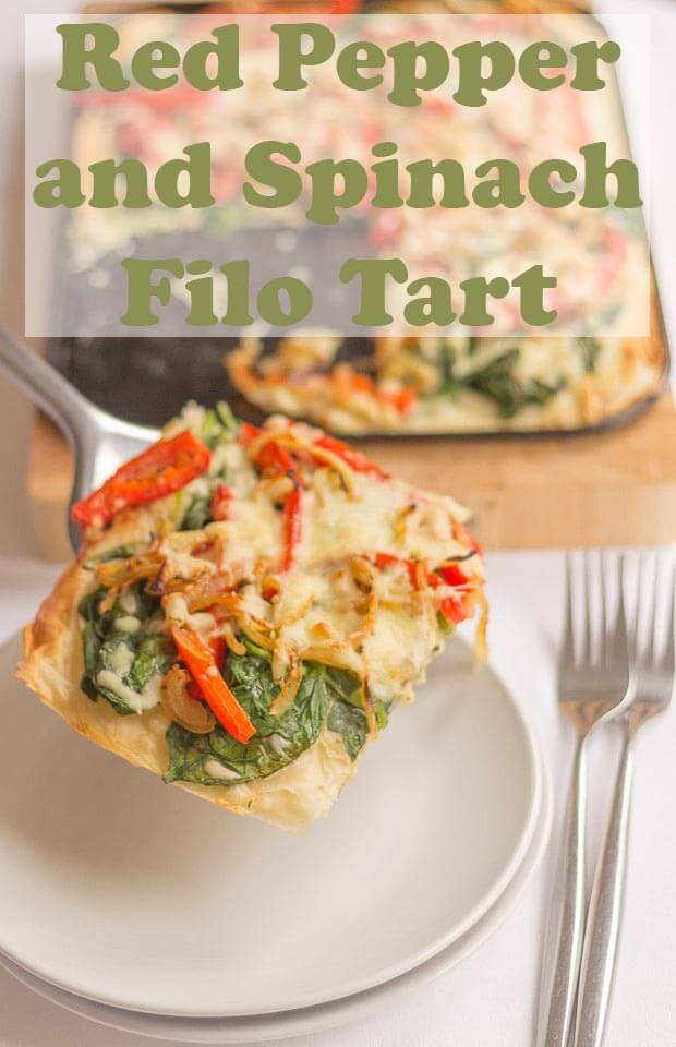 This red pepper and spinach filo tart makes for a delicious, versatile, easy hot or cold vegetarian brunch or dinner option. What's not to like about tasty oven baked veggies topped with Mediterranean herbs and cheese? #neilshealthymeals #recipe #lunch #redpepper #spinach #filo #filotart #filopastry #vegetarian