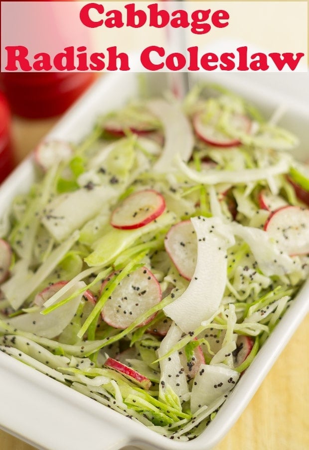 Close up of a dish of cabbage and radish coleslaw. Pin title text overlay at top.
