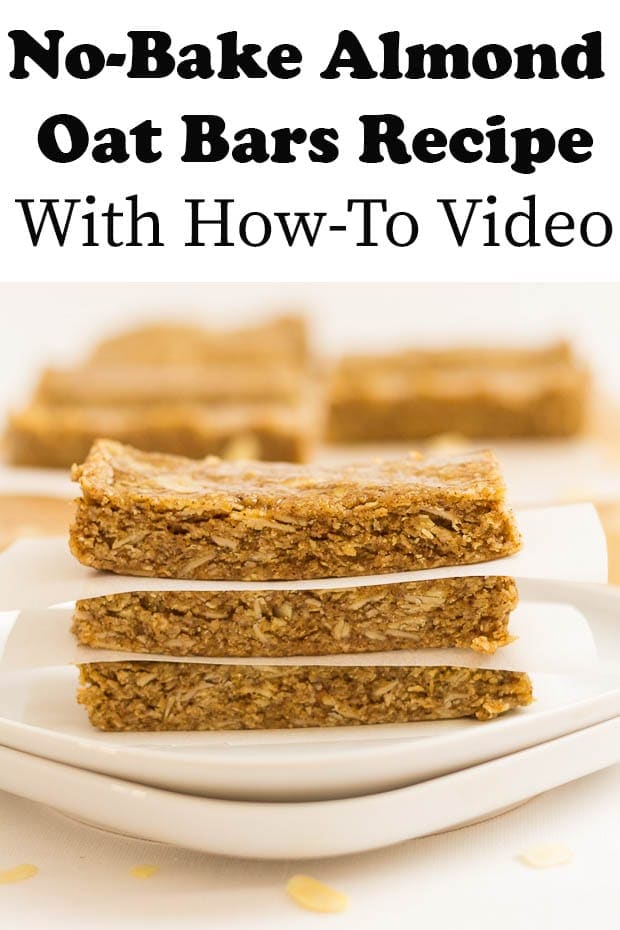 No-Bake Almond Oat Bars stacked on a plate.