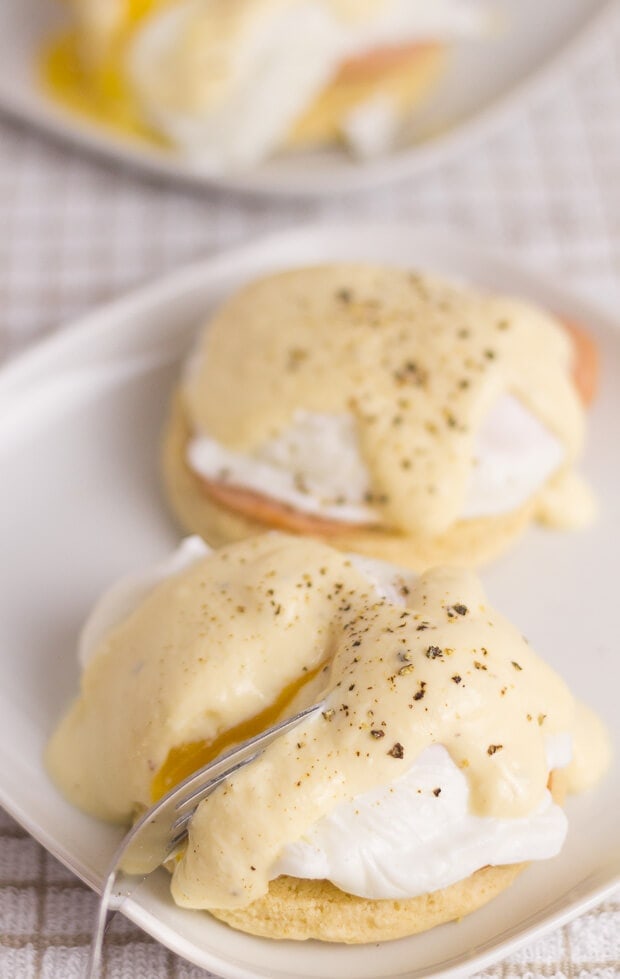 Healthy eggs benedict. Here, the delicious and classic eggs benedict has been given a healthy makeover. A creamy yogurt hollandaise sauce replaces butter with lean turkey bacon and home made lower fat English muffins.