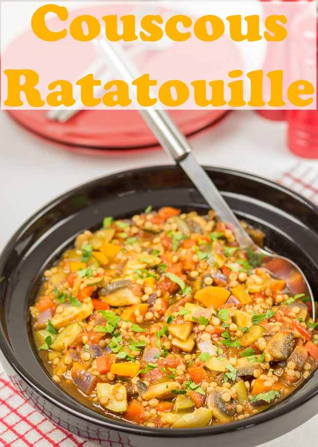 Couscous ratatouille is a delicious vegan medley of vegetables combined with giant couscous, making a perfectly filling quick healthy meal. Ideal as a family dinner and easily freezable too. #neilshealthymeals #recipe #couscous #couscousratatouille #ratatouille
