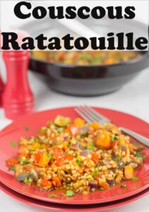 A plate of served couscous ratatouille with a fork on. The rest of the ratatouille in a dish in the background. Pin title text overlay at top.