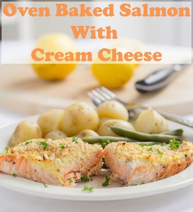 Oven baked salmon with cream cheese and oat bran crust recipe is a delicious easy healthy and protein packed quick healthy meal. It takes just 30 minutes and is delicious served with baby potatoes or a fresh green salad!
