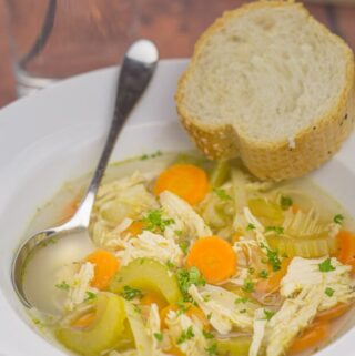 Simple chicken and vegetable soup. Simple because it’s made with basic vegetables, a chicken breast and stock cubes.