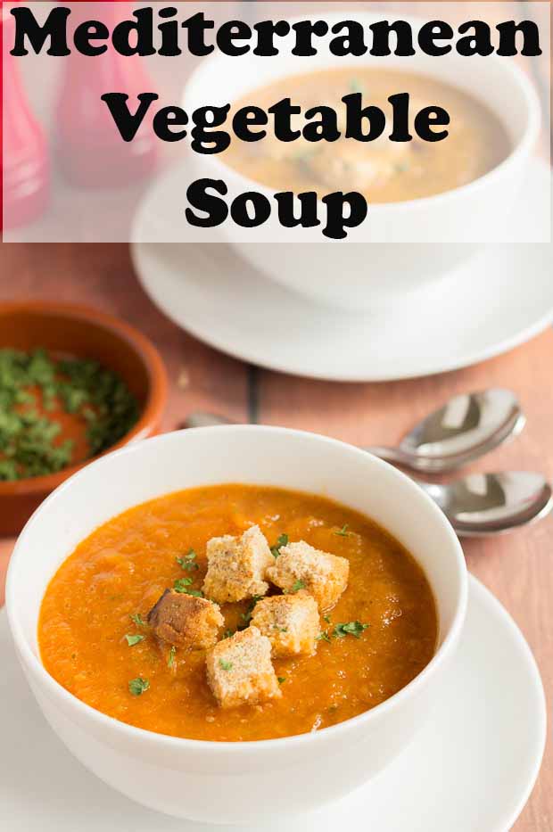 A bowl of Mediterranean vegetable soup garnished with croutons. Pin title text overlay at top.