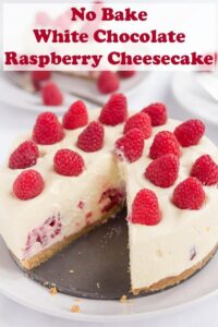 Indulge with this delicious no bake white chocolate and raspberry cheesecake. A tasty crunchy biscuit base covered in a light creamy white chocolate filling stuffed with fresh raspberries. This easy to make recipe is perfect for holidays! #neilshealthymeals #recipe #dessert #nobake #cheesecake #whitechocolate #raspberries