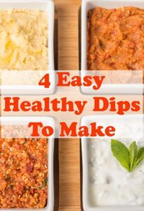 These 4 easy healthy dips to make are perfect for sharing with friends or taking to parties. Tasty and delicious, these guilt free dip recipes are made with less salt, are lower in fat and have no sugar added unlike shop bought. Your friends will thank you for helping to look after their waistlines! #neilshealthymeals #recipe #dips #snacks #sharing #easydips #healthydips