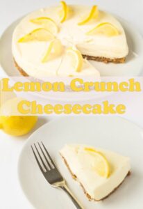 A slice of lemon crunch cheesecake on a plate with a dessert fork ready to eat with the remaining uncut cheesecake in the background.