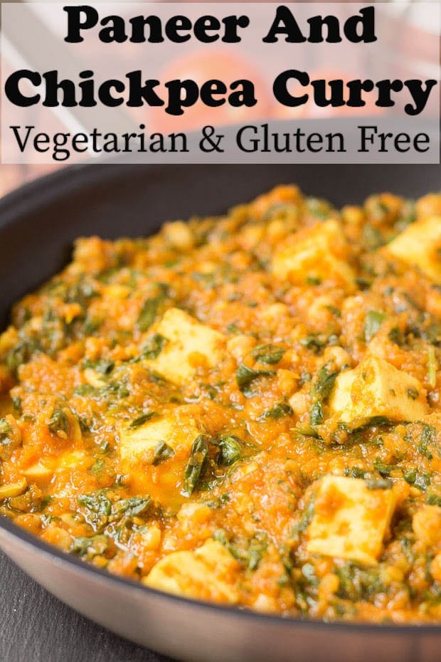 Pan of paneer and chickpea curry.