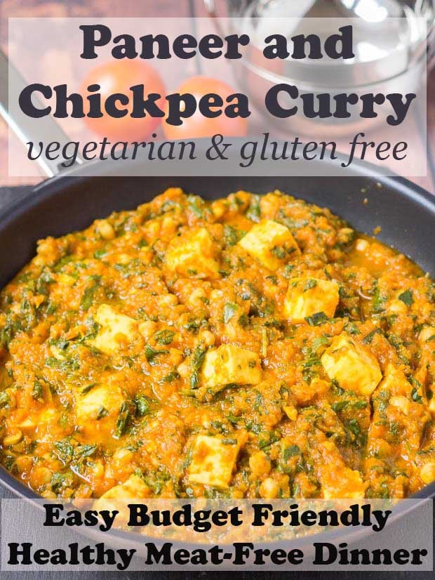 Paneed and chickpea curry in a large pan. At top pin title text overlay. At bottom text overlay reading easy budget friendly healthy meat-free dinner.