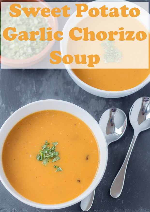 The amazing flavours of this sweet potato garlic and chorizo soup combine to form a deliciously warming winter soup. This simple low calorie soup is both filling and satisfying too! #neilshealthymeals #recipe #sweetpotato #garlic #chorizo #soup