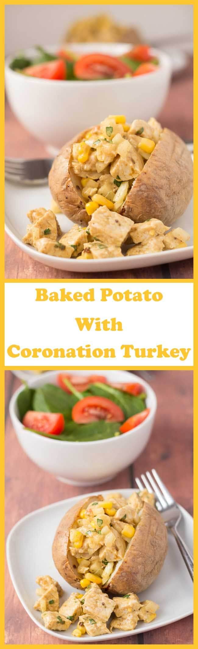 This baked potato with Coronation turkey recipe makes for a delicious quick healthy meal. Based on the classic Coronation chicken with fresh and lightly spiced flavours it's a great way of using up leftover turkey too.