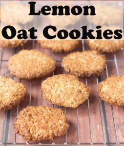 A wire baking rack of lemon oatmeal cookies. Pin title text overlay at top.