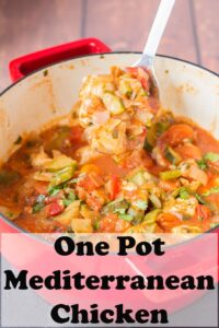 A portion of one pot Mediterranean chicken being lifted from the casserole pot. Pin title text overlay at bottom.