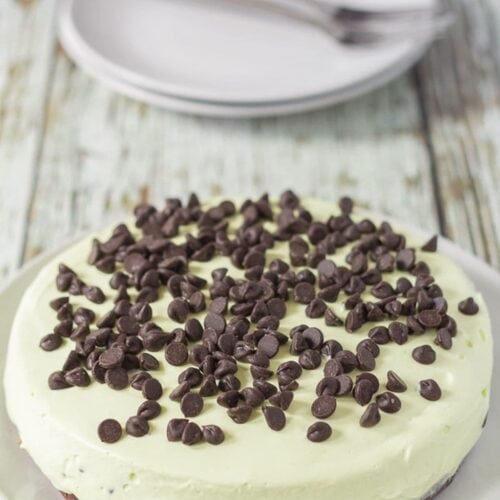 No bake mint chocolate chip cheesecake on a plate. Serving plates and forks in the background.