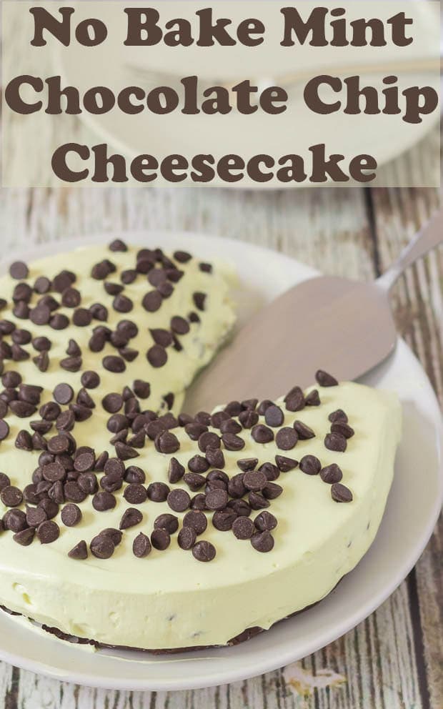 Mint chocolate chip cheesecake with a slice taken out of it and a serving slicer in its place.