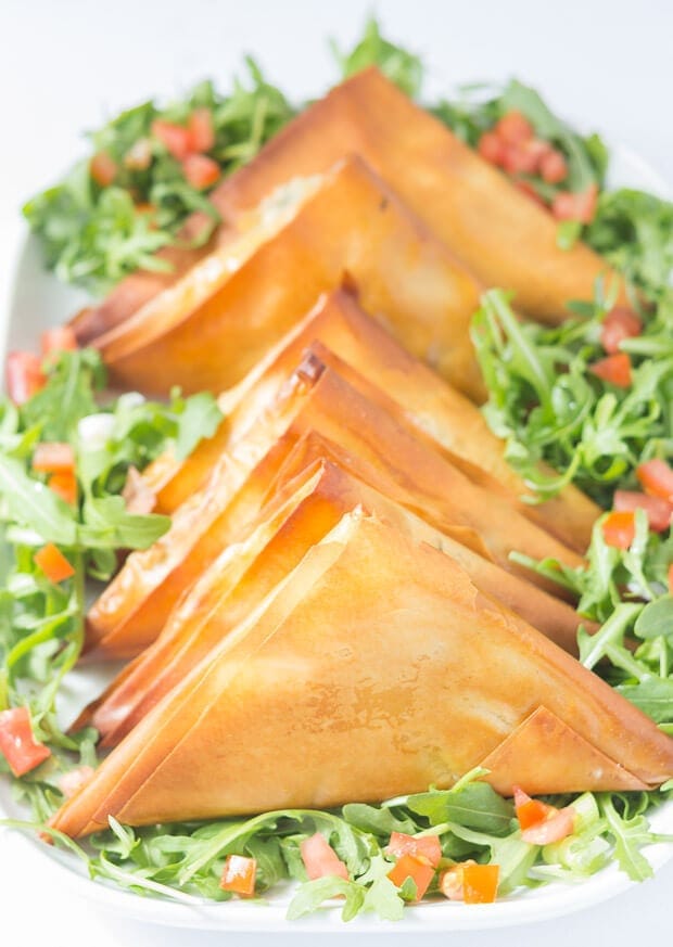Tomato basil mozzarella filo parcels on a serving platter garnished wish lettuce and finely chopped tomatoes.