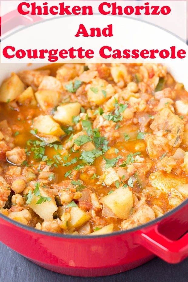 A casserole pot of chicken chorizo and courgette casserole.