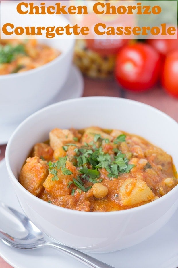 A bowl of chicken chorizo and courgette casserole. Pin title text overlay at top.