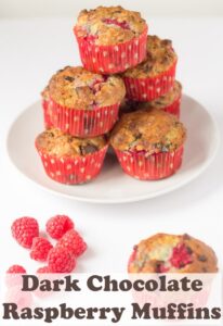 A stack of cark chocolate rasperry muffins on a plate in the background. Pin title text overlay at the bottom.